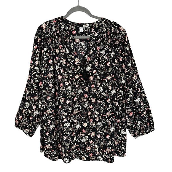 Old Navy Blouse 2X Plus Dark Floral Boho Flowy Puff Sleeve Tassel Peasant Tunic - Picture 1 of 11